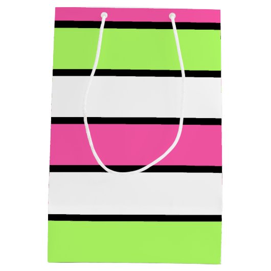Hot-roze, kalkgroen, zwart en witte strepen medium cadeauzakje (Achterkant)