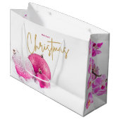 Hot-roze kerstblaasjes en orchideeën groot cadeauzakje (Voorkant Gekanteld)