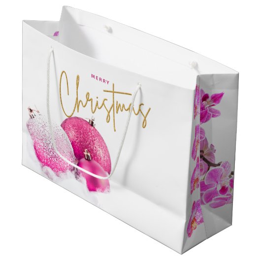 Hot-roze kerstblaasjes en orchideeën groot cadeauzakje (Voorkant Gekanteld)