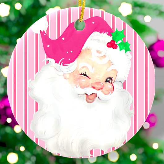 Hot-roze  kerstboom met Santa Wink Retro Keramisch Ornament