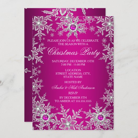 Hot-roze kerstfeest Crystal Snowflake Kaart (Voorkant / Achterkant)