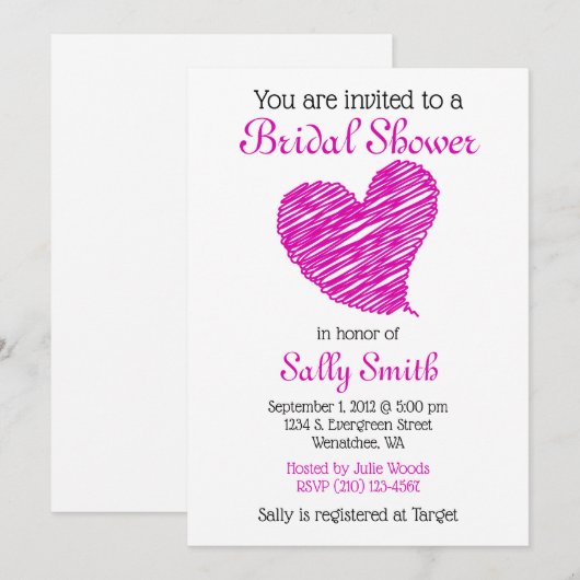 Hot-roze ketchy Heart Bridal Showuitnodiging Kaart (Voorkant / Achterkant)