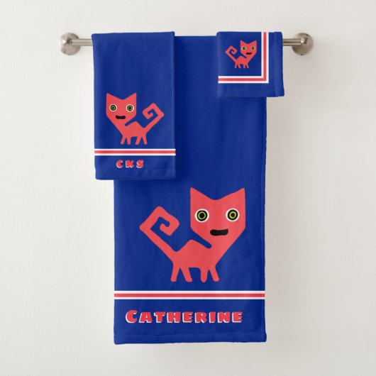 Hot roze kitty kat op blauw gepersonaliseerd bad handdoek (Insitu)