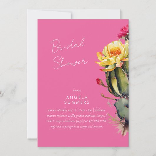 Hot roze kleurrijke cactus bruids douche uitnodigi kaart (Voorkant)