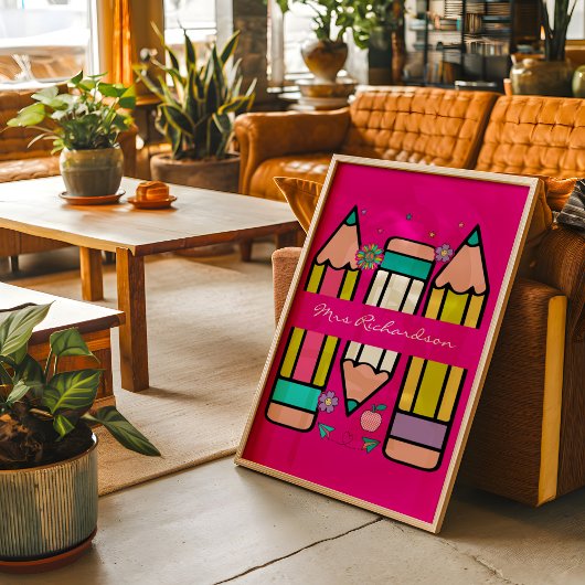 Hot Roze Kleurrijke Leraar Cartoon Potlood Poster