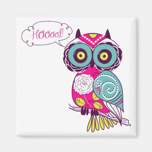 Hot-roze kleurrijke  Retro Floral-Owl Magnet (Voorkant)