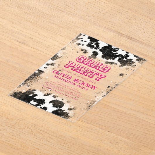 Hot Roze Koe Print Western Afstuderen Acryl Uitnodigingen (Laagn)