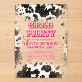 Hot Roze Koe Print Western Afstuderen Acryl Uitnodigingen (Voorkant)