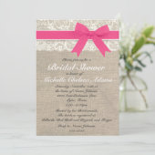 Hot-roze lace Burlap Bridal Showuitnodiging Kaart (Staand voorkant)