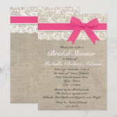 Hot-roze lace Burlap Bridal Showuitnodiging Kaart (Voorkant / Achterkant)