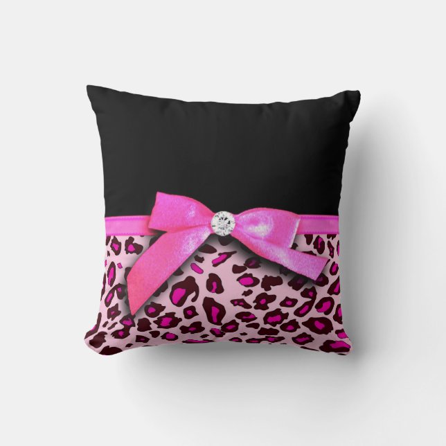 Hot-roze leopard printplaat, lintbogen, grafisch kussen (Voorkant)