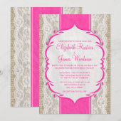 Hot-roze  Linen Burlap Wedding-uitnodigingen Kaart (Voorkant / Achterkant)
