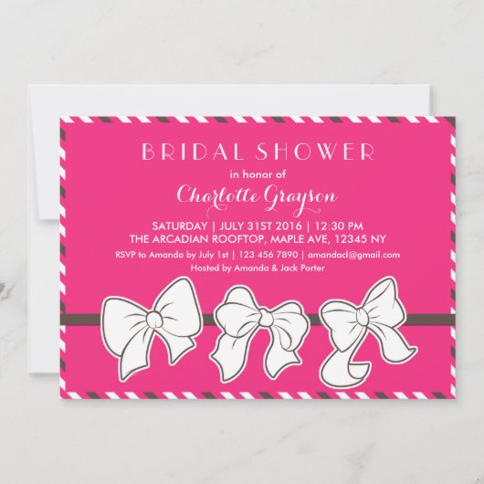 Hot-roze linten en Bows Bridal Shower Invitation Kaart (Voorkant)