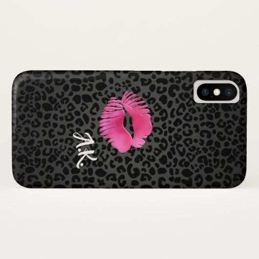 Hot-roze Lipgloss Kiss zwarte luipaard met monogra Case-Mate iPhone Case (Achterkant (horizontaal))