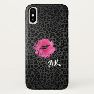 Hot-roze Lipgloss Kiss zwarte luipaard met monogra iPhone X Hoesje