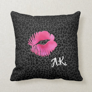 Hot-roze Lipgloss Kiss zwarte luipaard met monogra Kussen