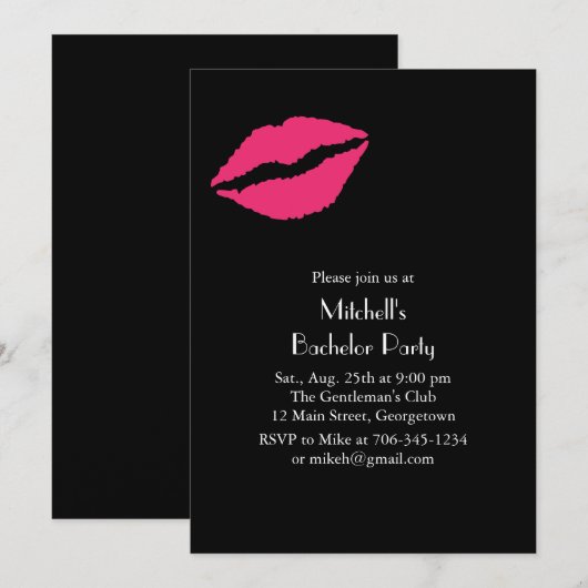 Hot-roze Lips Bachelor Party-uitnodiging (zwart) Kaart (Voorkant / Achterkant)