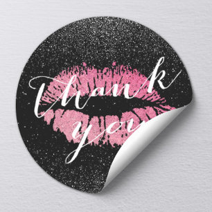 Hot-roze lips Kiss Black Glitter Hartelijk dank Ronde Sticker