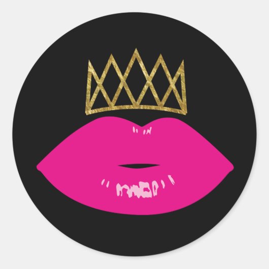 Hot-roze Lips Royal Gold Crown Modern Black Ronde Sticker (Voorkant)