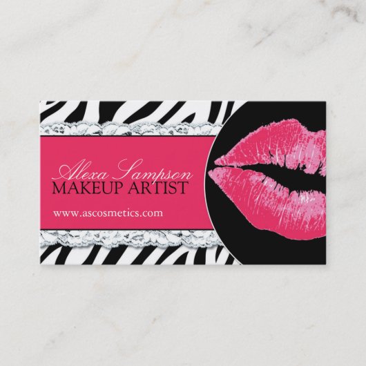 Hot-roze lips + Zebra Print Visitekaartjes (Voorkant)