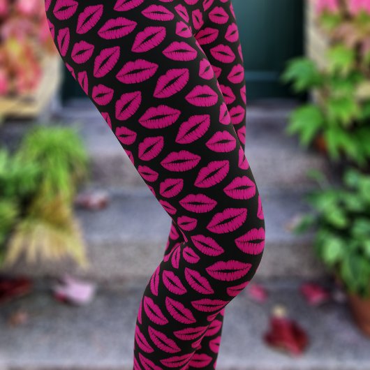 Hot Roze Lipstick Kus Lip Print Zwarte Leggings