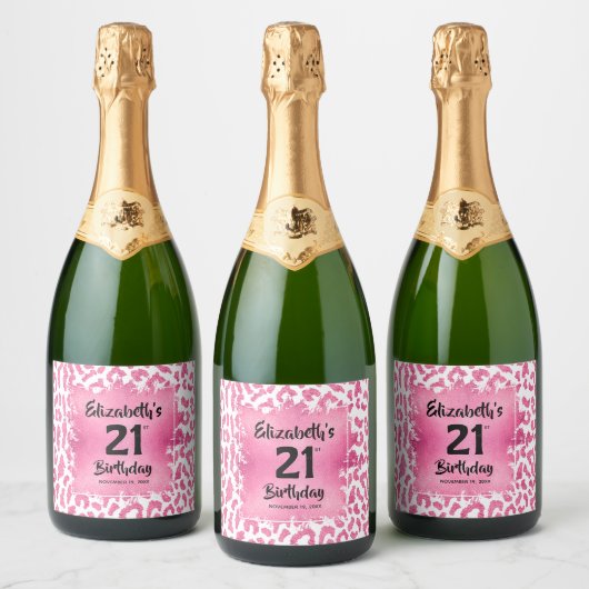 Hot-roze luipaard afdrukken 21ste verjaardag, spec sparkling wijnetiket (Flessen)