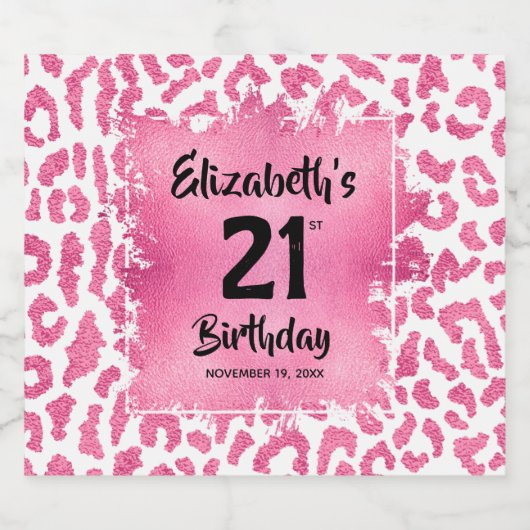Hot-roze luipaard afdrukken 21ste verjaardag, spec sparkling wijnetiket (Enkel label)