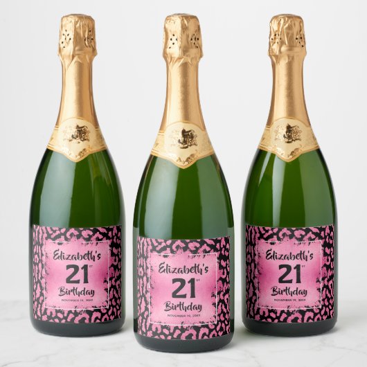 Hot-roze luipaard afdrukken 21ste verjaardag, spec sparkling wijnetiket (Flessen)