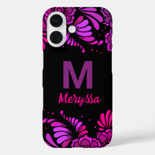 Hot Roze Magenta Zwart Paarse Monogram Naam iPhone 16 Hoesje
