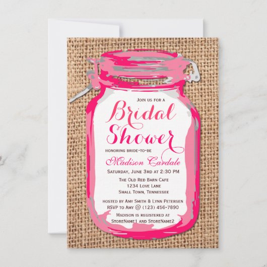 Hot-roze Mason Jar Bridal Shower-uitnodigingen Kaart (Voorkant)