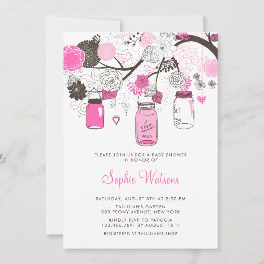 Hot-roze Mason Jars Floral Baby Shower-uitnodiging Kaart (Achterkant)
