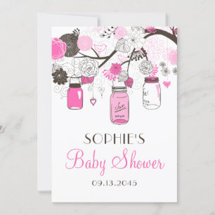 Hot-roze Mason Jars Floral Baby Shower-uitnodiging Kaart