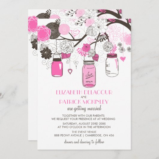 Hot-roze Mason Jars Weddenschap Kaart (Voorkant / Achterkant)