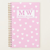 Hot-roze met Cute White Hearts Pattern - Monogram Planner (Voorkant)