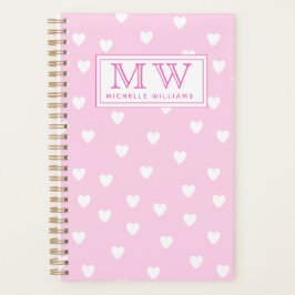 Hot-roze met Cute White Hearts Pattern - Monogram Planner