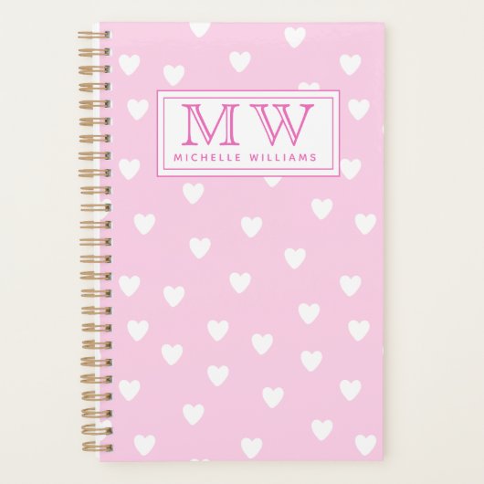 Hot-roze met Cute White Hearts Pattern - Monogram Planner (Voorkant)
