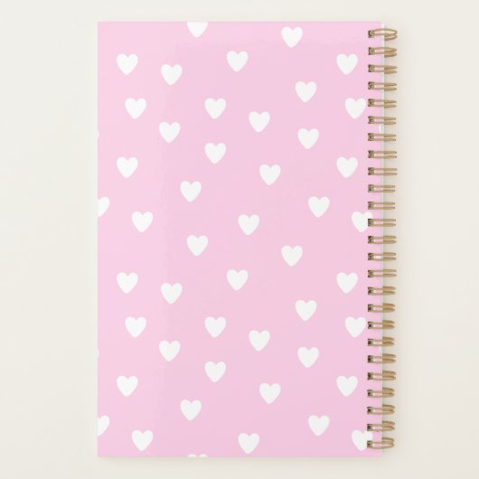 Hot-roze met Cute White Hearts Pattern - Monogram Planner (Achterkant)