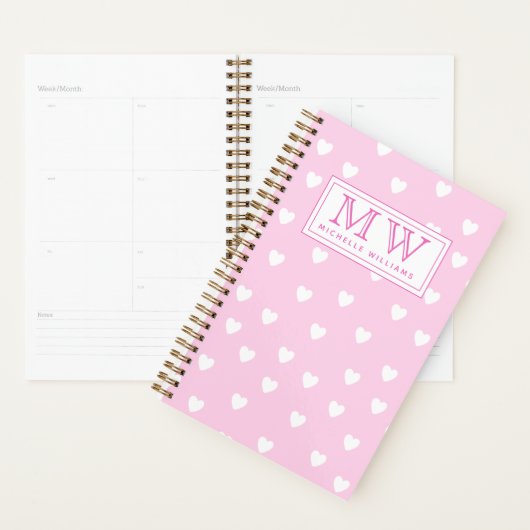 Hot-roze met Cute White Hearts Pattern - Monogram Planner (Display)