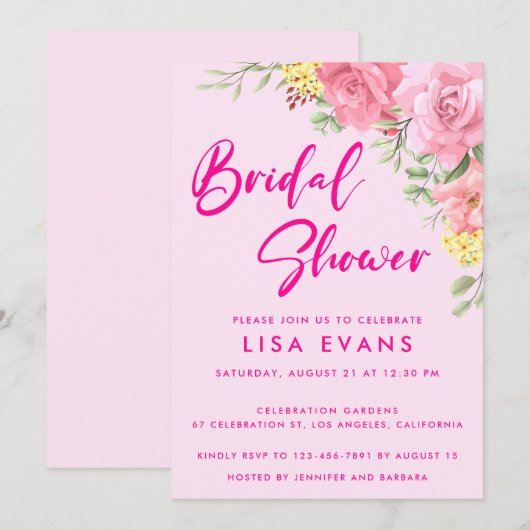 Hot-roze met Rozen Bridal Shower-uitnodiging Kaart (Voorkant / Achterkant)