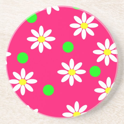 Hot-roze met White Daisy Pattern-Onderzetter Zandsteen Onderzetter (Voorkant)