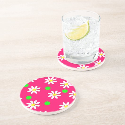 Hot-roze met White Daisy Pattern-Onderzetter Zandsteen Onderzetter (Zijkant)