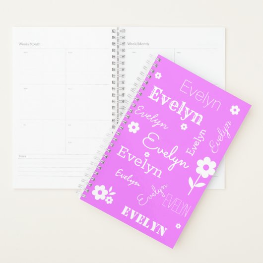 Hot-roze met witte bloemen, aangepaste naamplanner planner (Display)