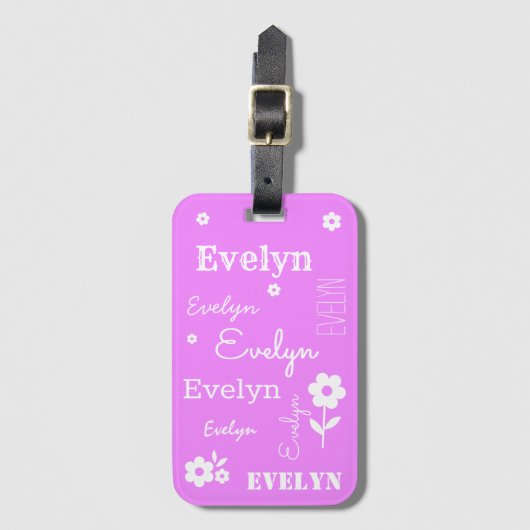 Hot Roze met witte bloemen, Gepersonaliseerd Bagagelabel (Voorkant (verticaal))