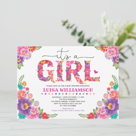 Hot Roze Mexicaanse Fiesta Bloemen Meisje Baby sho Kaart (Staand voorkant)