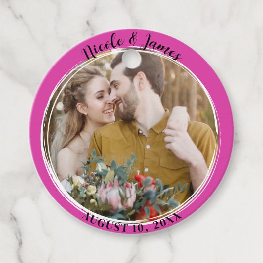 Hot roze minimale ronde foto bruiloft bedankjes labels (Voorkant)