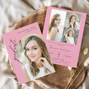 Hot roze minimalistische boog foto afstudeerfeest kaart