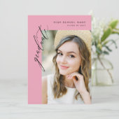 Hot roze minimalistische foto afstudeerfeest kaart (Staand voorkant)