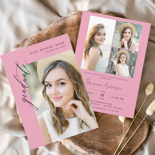 Hot roze minimalistische foto afstudeerfeest kaart