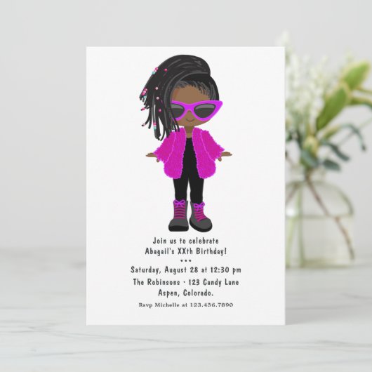 Hot-roze Mode Black Girl Party-uitnodiging Kaart (Staand voorkant)