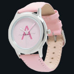 Hot Roze Modern Script Meisjes Monogram Naam Horloge<br><div class="desc">Introductie van een tijdloos accessoire ontworpen voor mensen met een veeleisende smaak voor elegantie. Dit op maat gemaakte monogram horloge, met het hete roze initiaal "A" in een hedendaags script, combineert moeiteloos sophisticatie met een speelse pop van kleur. De zachte blush lederen band biedt comfort en luxe, terwijl het slanke...</div>